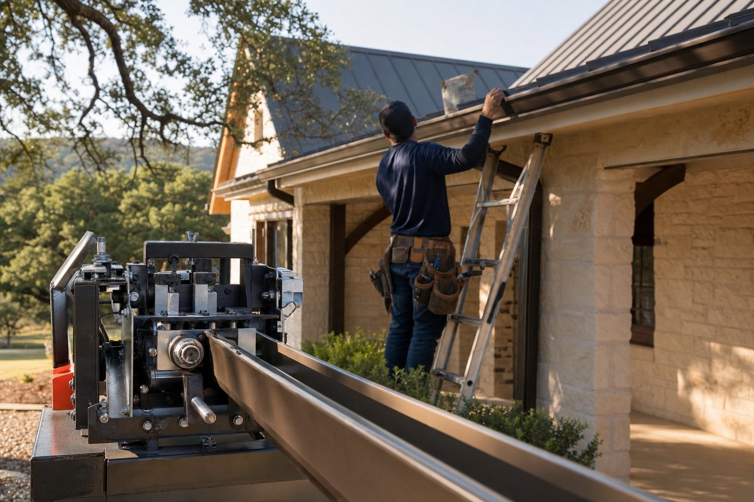 A Jackalope gutter craftsman running a fresh seamless aluminum gutter section along the fascia of a Texas Hill Country home, with the portable forming machine in the foreground.