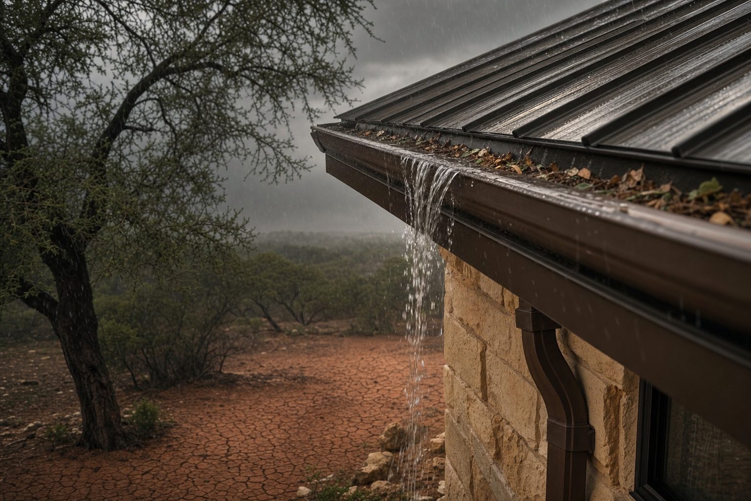 Rainwater overflowing from a clogged gutter onto cracked Texas clay soil — the exact failure pattern that leads to foundation damage.